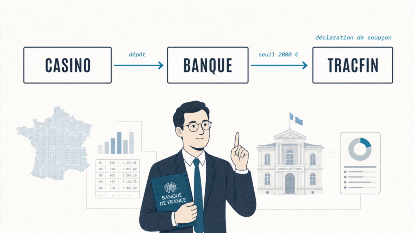 Schéma de la chaîne LCB-FT crypto, opérateur, plateforme, banque, Tracfin
